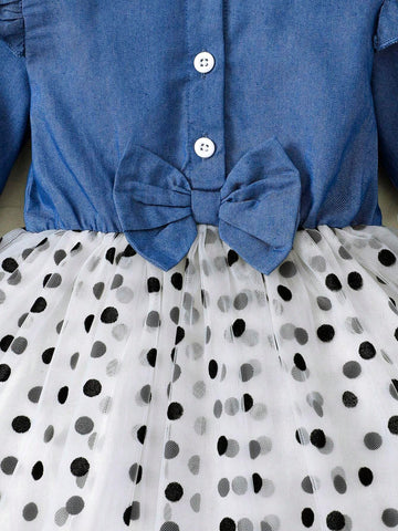 Girls' Full Season Dress, Daily Cute Peter Pan Collar Patchwork Bow Mesh Princess Dress