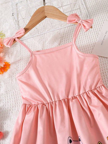 Girls' Fun And Lovely Animal Printed A-Line Cami Dress With Bow Tie At Waist And Shoulders, Featuring Cats, Bears, Rabbits, And Tigers, Spring/Summer