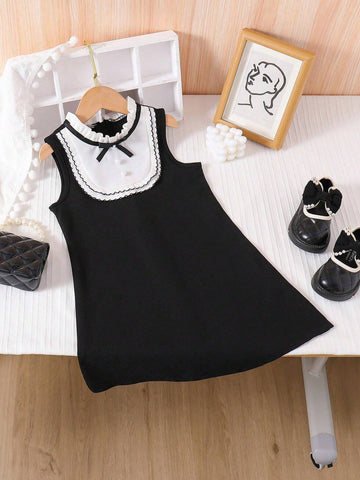 Girls' Gentleman Style A-Line Dress With Ruffle Collar, Lace And Bow Decoration, Spring/Summer