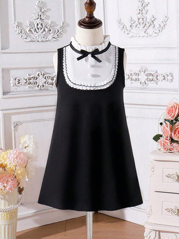 Girls' Gentleman Style A-Line Dress With Ruffle Collar, Lace And Bow Decoration, Spring/Summer