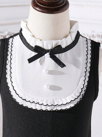 Girls' Gentleman Style A-Line Dress With Ruffle Collar, Lace And Bow Decoration, Spring/Summer