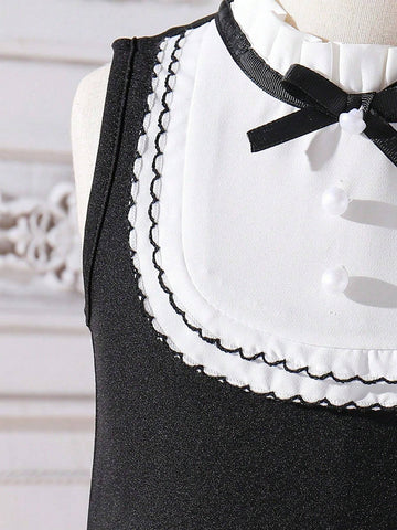 Girls' Gentleman Style A-Line Dress With Ruffle Collar, Lace And Bow Decoration, Spring/Summer