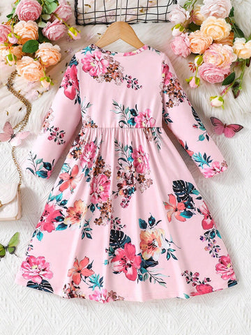 Girls Girlhood Core Floral Print Long Sleeve Knit Dress, Fashion Long Length, Suitable For Casual Daily & Vacation Wear
