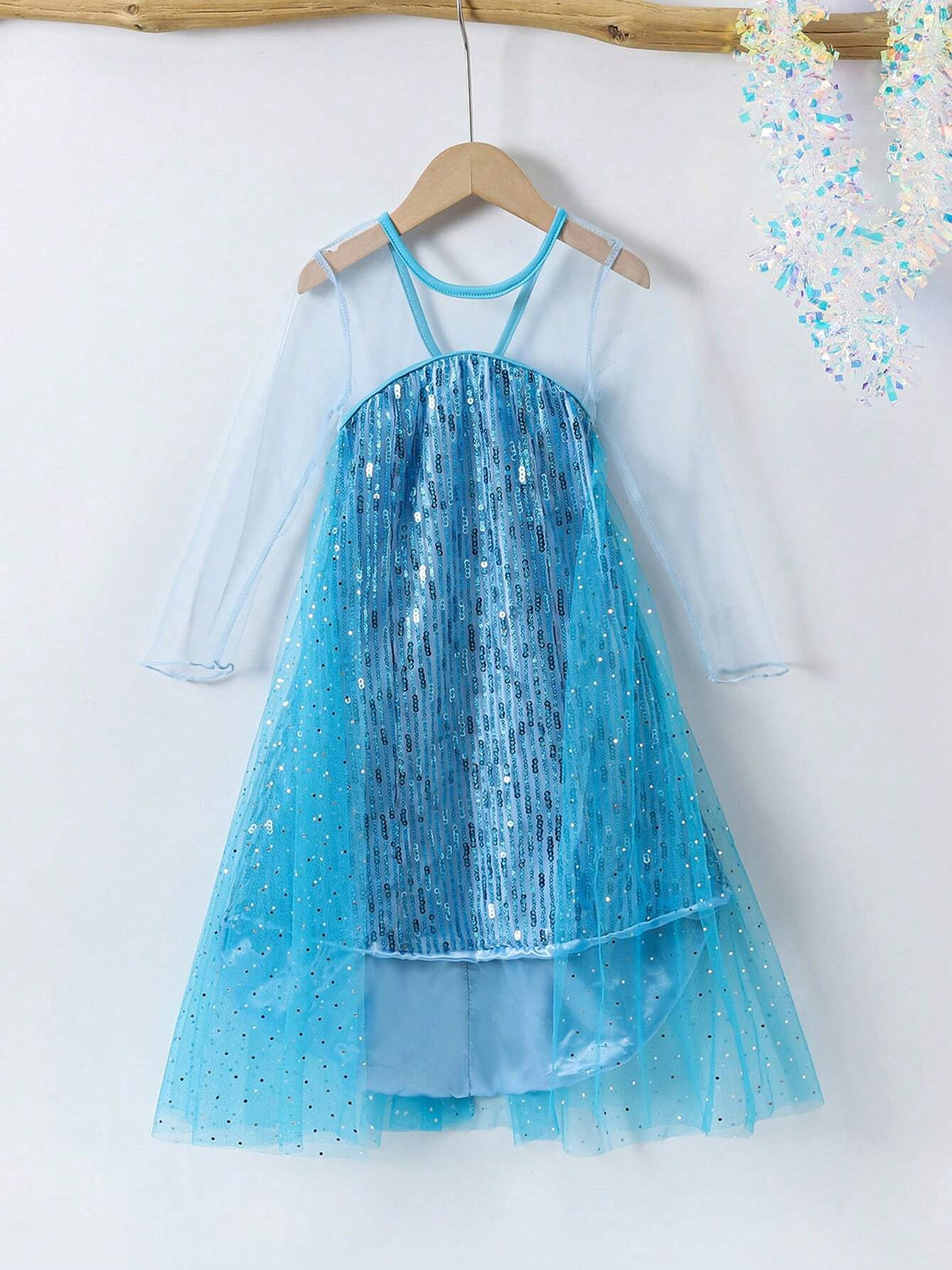 Girls Glitter & Pearls Decorated Long Sleeve Mesh Tulle Princess Dress, Elegant & Stylish, Suitable For Birthday Party, Wedding, Anniversary Events