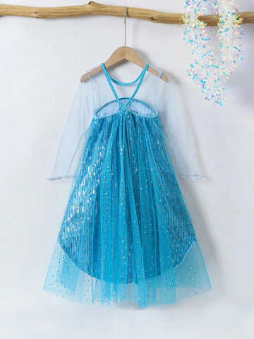 Girls Glitter & Pearls Decorated Long Sleeve Mesh Tulle Princess Dress, Elegant & Stylish, Suitable For Birthday Party, Wedding, Anniversary Events