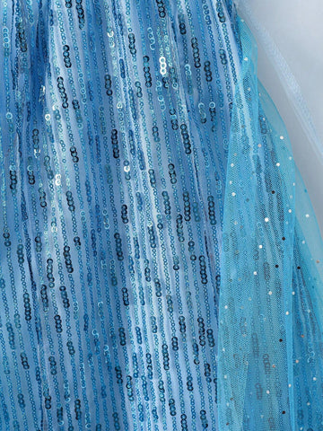 Girls Glitter & Pearls Decorated Long Sleeve Mesh Tulle Princess Dress, Elegant & Stylish, Suitable For Birthday Party, Wedding, Anniversary Events