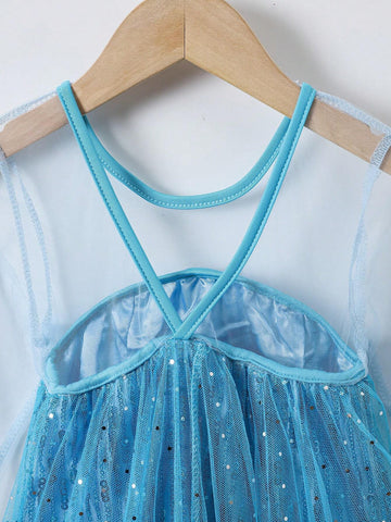 Girls Glitter & Pearls Decorated Long Sleeve Mesh Tulle Princess Dress, Elegant & Stylish, Suitable For Birthday Party, Wedding, Anniversary Events