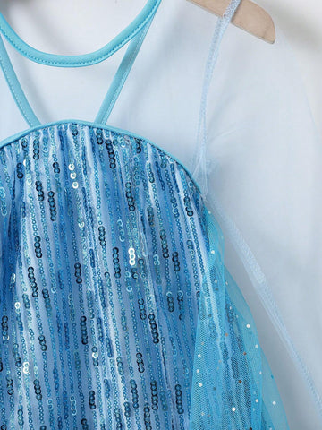 Girls Glitter & Pearls Decorated Long Sleeve Mesh Tulle Princess Dress, Elegant & Stylish, Suitable For Birthday Party, Wedding, Anniversary Events