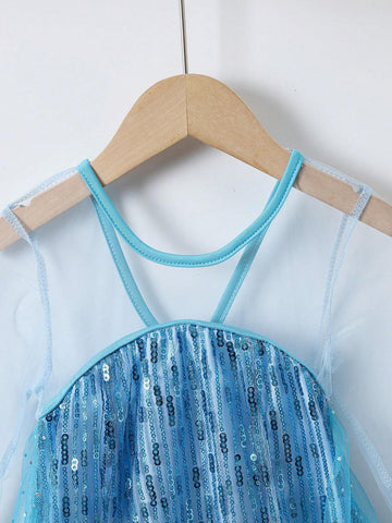 Girls Glitter & Pearls Decorated Long Sleeve Mesh Tulle Princess Dress, Elegant & Stylish, Suitable For Birthday Party, Wedding, Anniversary Events