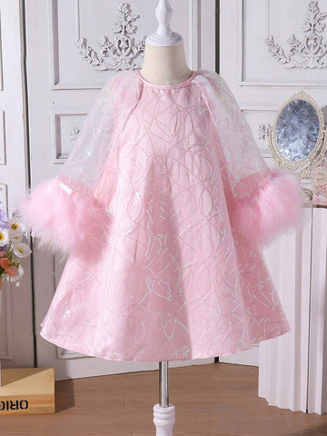 Girls' Glittery Beaded Tulle Cloak With Furry Patchwork And Mesh Dress, Perfect For Parties