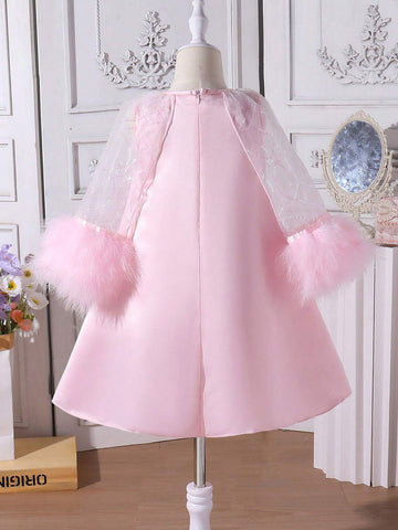 Girls' Glittery Beaded Tulle Cloak With Furry Patchwork And Mesh Dress, Perfect For Parties