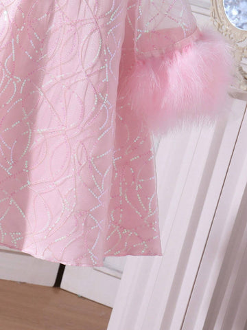 Girls' Glittery Beaded Tulle Cloak With Furry Patchwork And Mesh Dress, Perfect For Parties