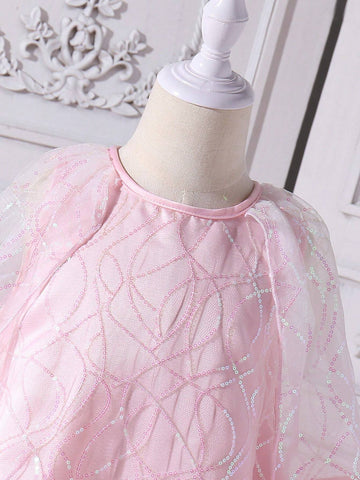 Girls' Glittery Beaded Tulle Cloak With Furry Patchwork And Mesh Dress, Perfect For Parties