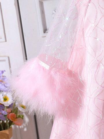 Girls' Glittery Beaded Tulle Cloak With Furry Patchwork And Mesh Dress, Perfect For Parties
