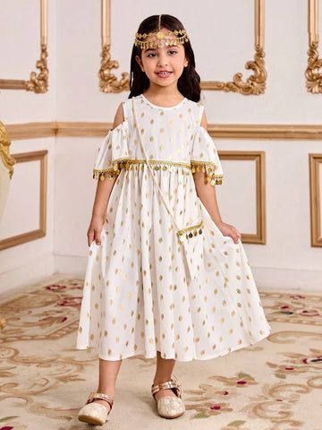 Girl's Golden Polka Dot Off Shoulder Fashion Dress