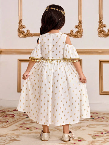 Girl's Golden Polka Dot Off Shoulder Fashion Dress