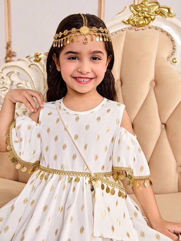 Girl's Golden Polka Dot Off Shoulder Fashion Dress