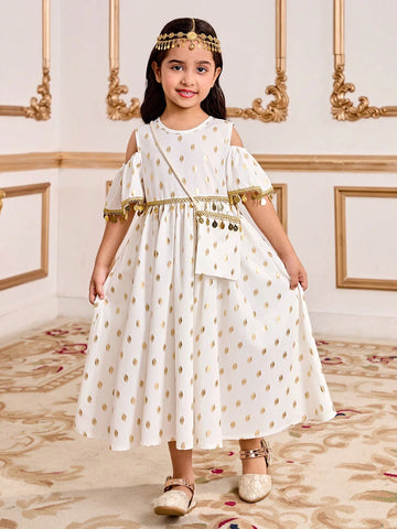 Girl's Golden Polka Dot Off Shoulder Fashion Dress