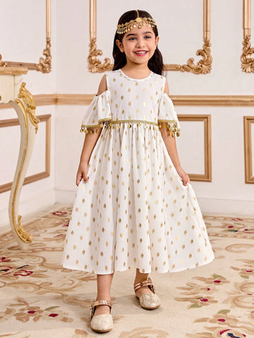 Girl's Golden Polka Dot Off Shoulder Fashion Dress
