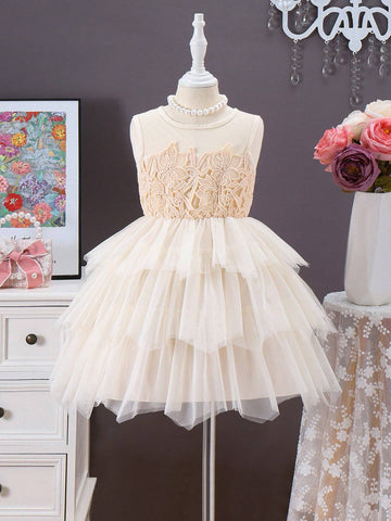 Girls Gorgeous Cute Party Dress In Mesh Champagne Color