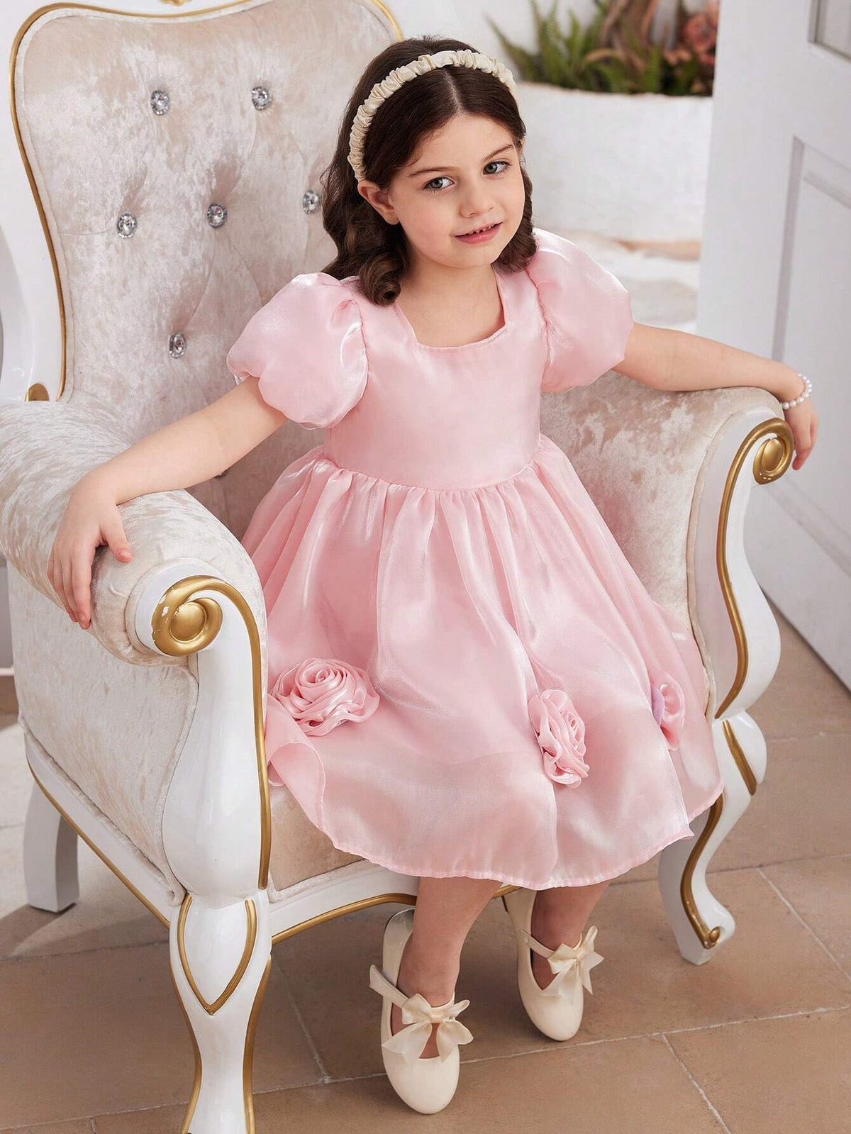 Girls' Gorgeous Pink Organza Mermaid Princess Dress, Puff Sleeve, 3D Flower Decoration, Suitable For Parties, Banquets, Performances, Weddings