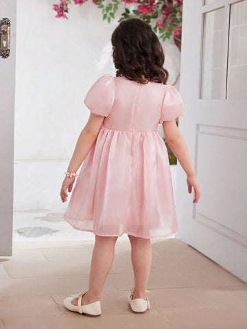 Girls' Gorgeous Pink Organza Mermaid Princess Dress, Puff Sleeve, 3D Flower Decoration, Suitable For Parties, Banquets, Performances, Weddings