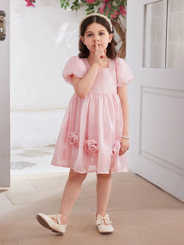 Girls' Gorgeous Pink Organza Mermaid Princess Dress, Puff Sleeve, 3D Flower Decoration, Suitable For Parties, Banquets, Performances, Weddings