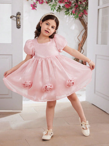 Girls' Gorgeous Pink Organza Mermaid Princess Dress, Puff Sleeve, 3D Flower Decoration, Suitable For Parties, Banquets, Performances, Weddings