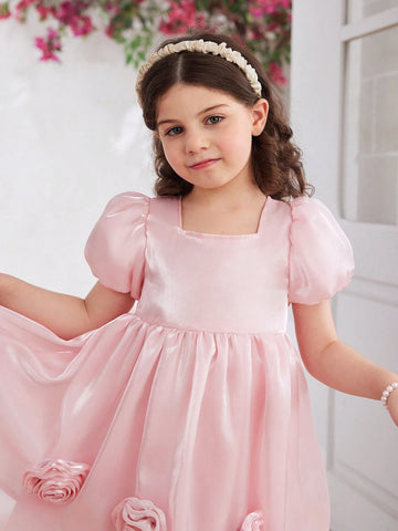 Girls' Gorgeous Pink Organza Mermaid Princess Dress, Puff Sleeve, 3D Flower Decoration, Suitable For Parties, Banquets, Performances, Weddings