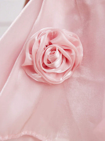 Girls' Gorgeous Pink Organza Mermaid Princess Dress, Puff Sleeve, 3D Flower Decoration, Suitable For Parties, Banquets, Performances, Weddings