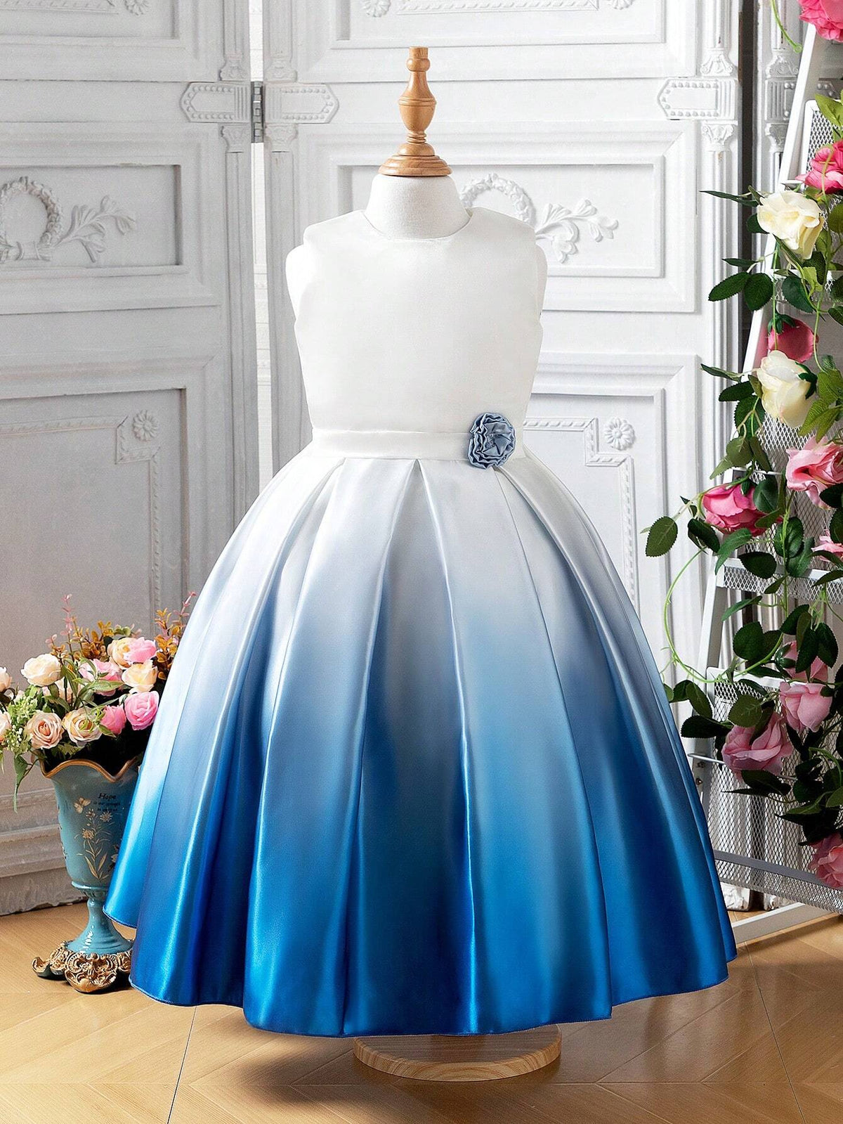 Girls Gradient Floral Printed Formal Maxi Dress