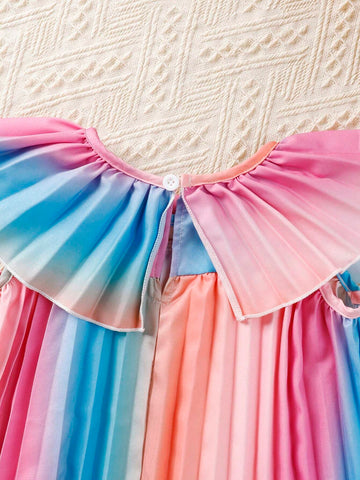 Girls' Gradient Pleated Patchwork Collar Dress, Suitable For Summer