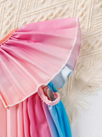Girls' Gradient Pleated Patchwork Collar Dress, Suitable For Summer