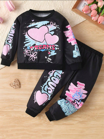 Girls Graffiti Digital Print Sweatshirt And Sweatpants Casual Outfit