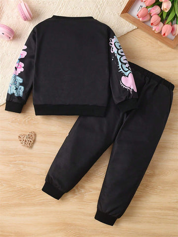 Girls Graffiti Digital Print Sweatshirt And Sweatpants Casual Outfit