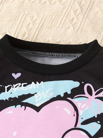 Girls Graffiti Digital Print Sweatshirt And Sweatpants Casual Outfit