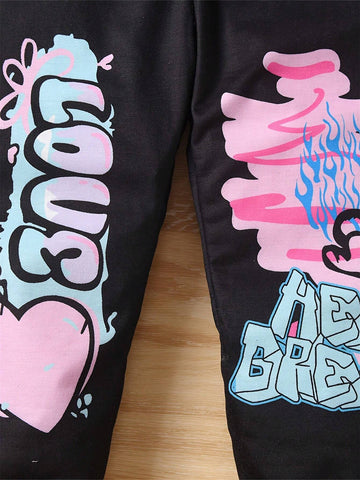 Girls Graffiti Digital Print Sweatshirt And Sweatpants Casual Outfit