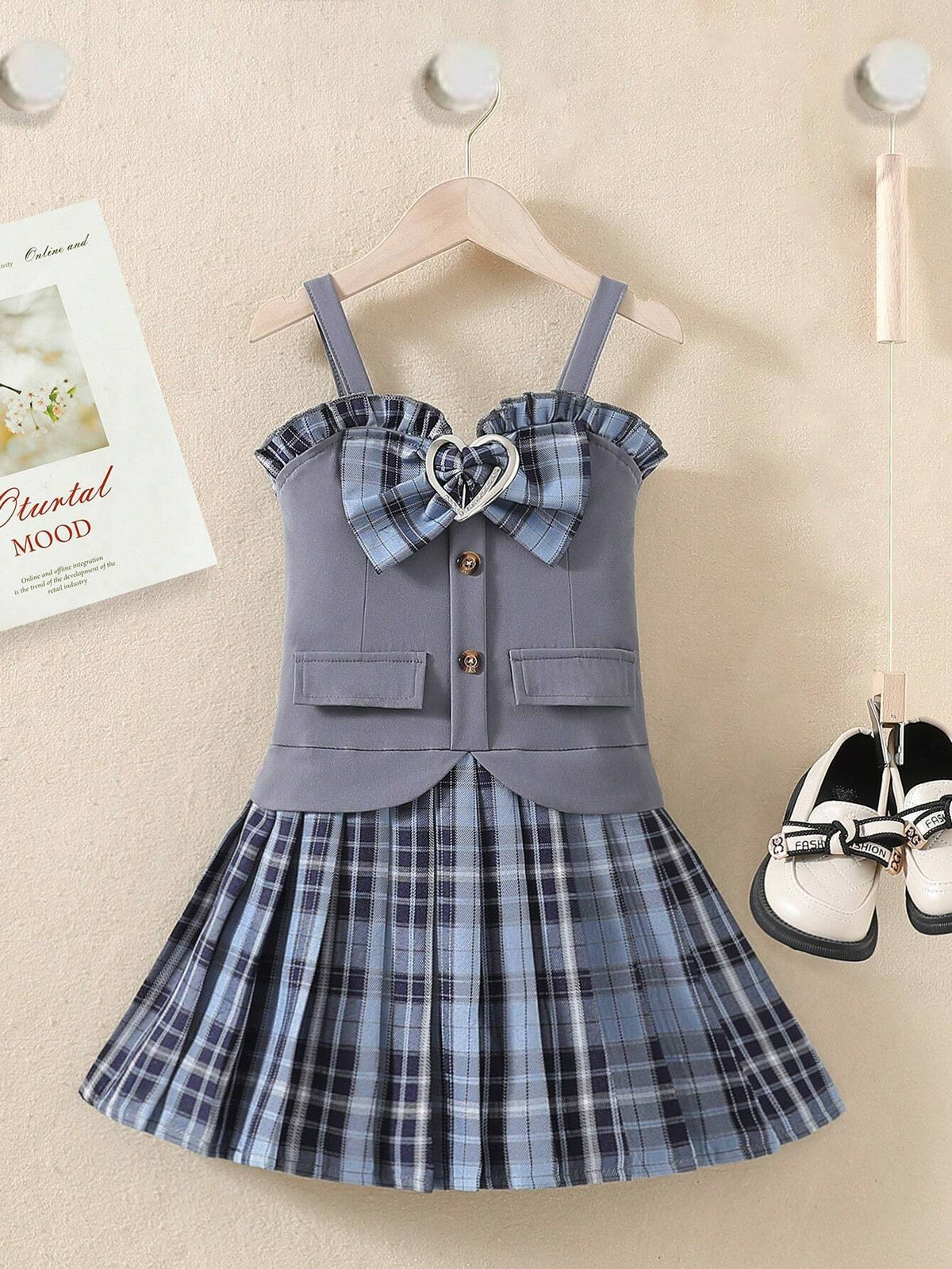 Girls' Gray Patchwork Blue Plaid 2 In 1 Dress