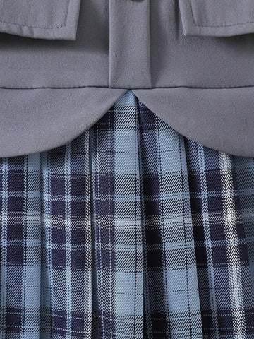 Girls' Gray Patchwork Blue Plaid 2 In 1 Dress