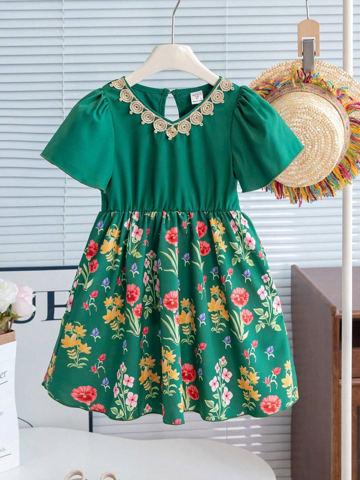 Girls' Green Princess Dress With Gold Lace V-Neck Detail