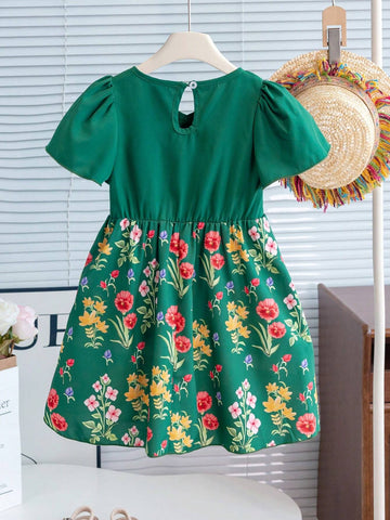 Girls' Green Princess Dress With Gold Lace V-Neck Detail