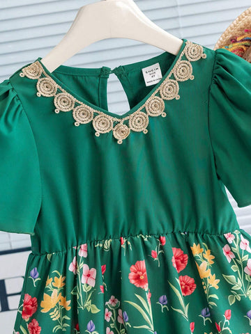 Girls' Green Princess Dress With Gold Lace V-Neck Detail