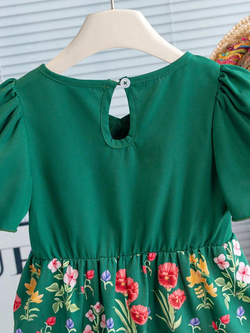 Girls' Green Princess Dress With Gold Lace V-Neck Detail