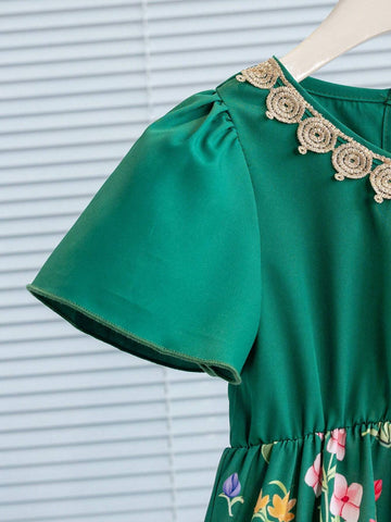 Girls' Green Princess Dress With Gold Lace V-Neck Detail