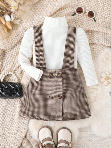 Girls Half Turtleneck Top & Houndstooth Jumper Dress, Autumn Winter