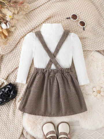 Girls Half Turtleneck Top & Houndstooth Jumper Dress, Autumn Winter