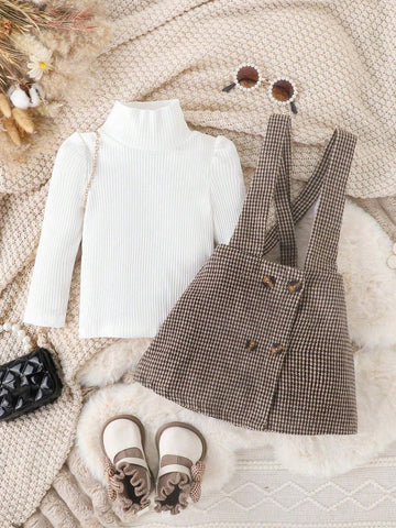 Girls Half Turtleneck Top & Houndstooth Jumper Dress, Autumn Winter