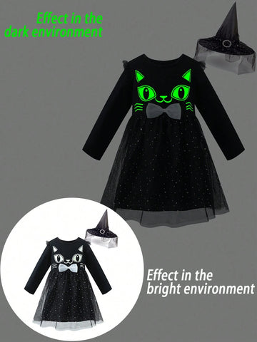 Girls Halloween Cat Print Mesh Dress With Witch Hat, Neon Glow In The Dark Fall/Winter Casual Mesh Skirt Outfit