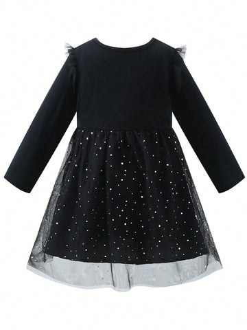 Girls Halloween Cat Print Mesh Dress With Witch Hat, Neon Glow In The Dark Fall/Winter Casual Mesh Skirt Outfit