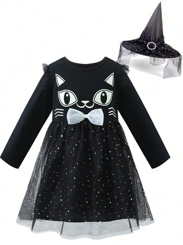 Girls Halloween Cat Print Mesh Dress With Witch Hat, Neon Glow In The Dark Fall/Winter Casual Mesh Skirt Outfit